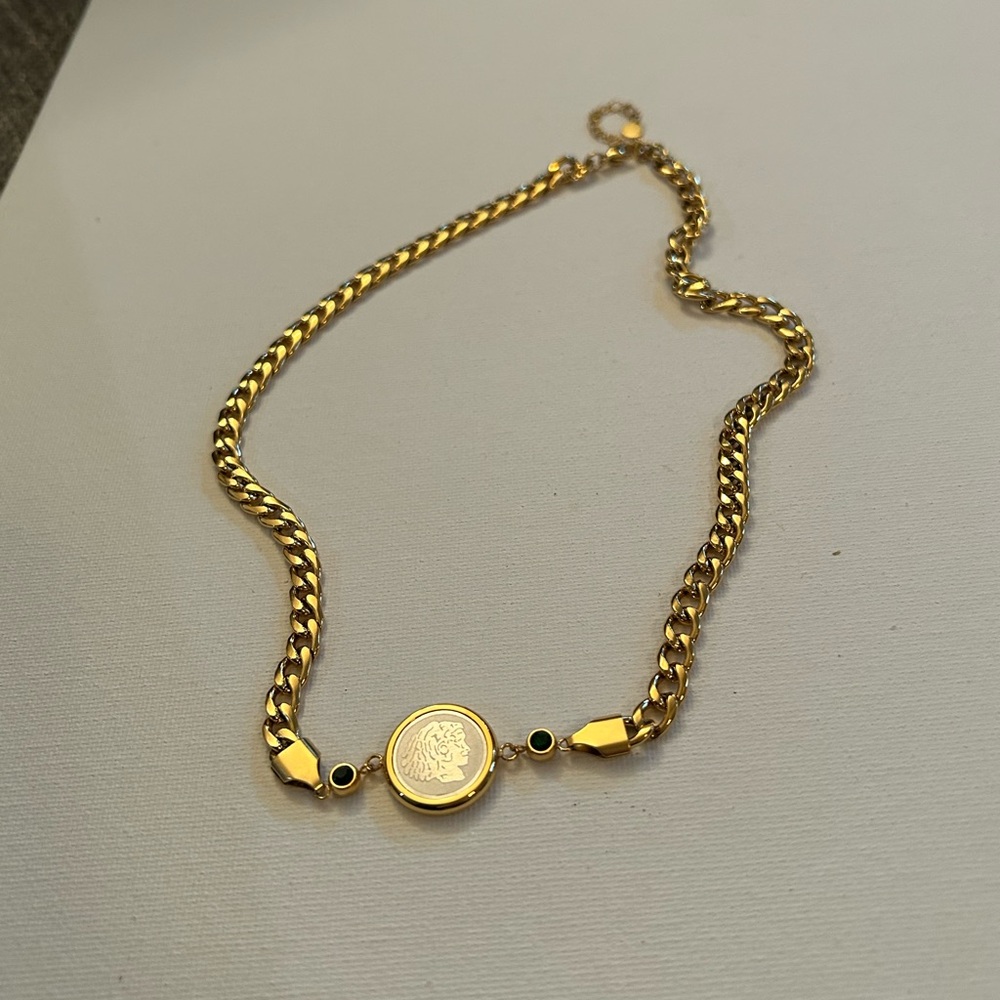 Coin choker necklace, gold coin necklace, 18K gold plated stainless steel CZ - Picture 6 of 7
